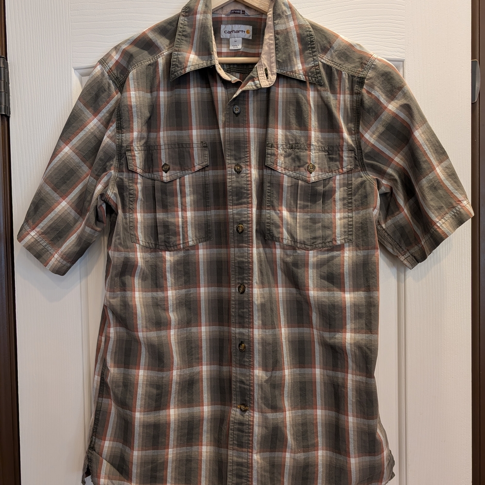 Carhartt Men's Gray & Brown Plaid Shirt Short Sleeve Button Up Size Medium